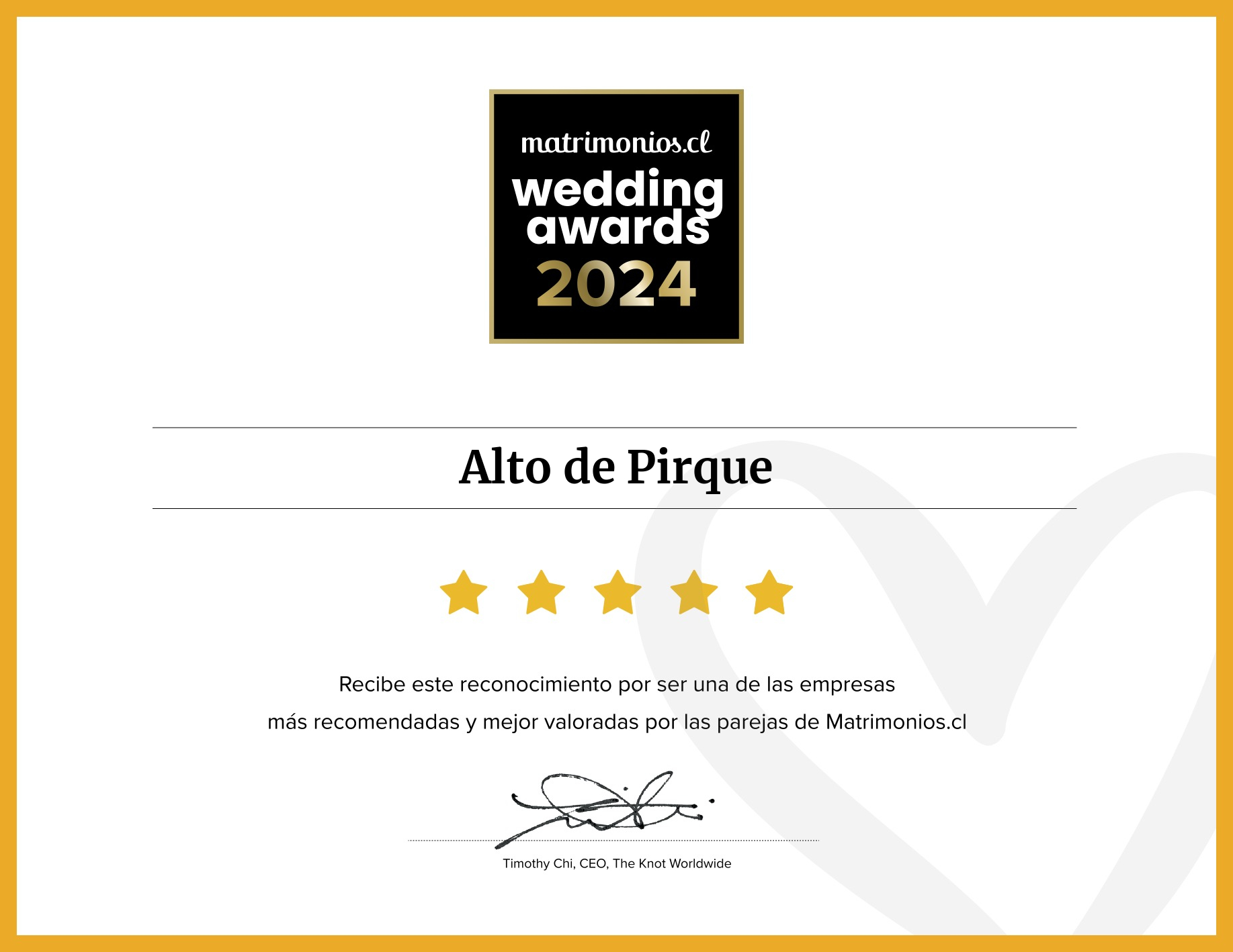 certificado del premio wedding awards 2024 otorgado a alto de pirque